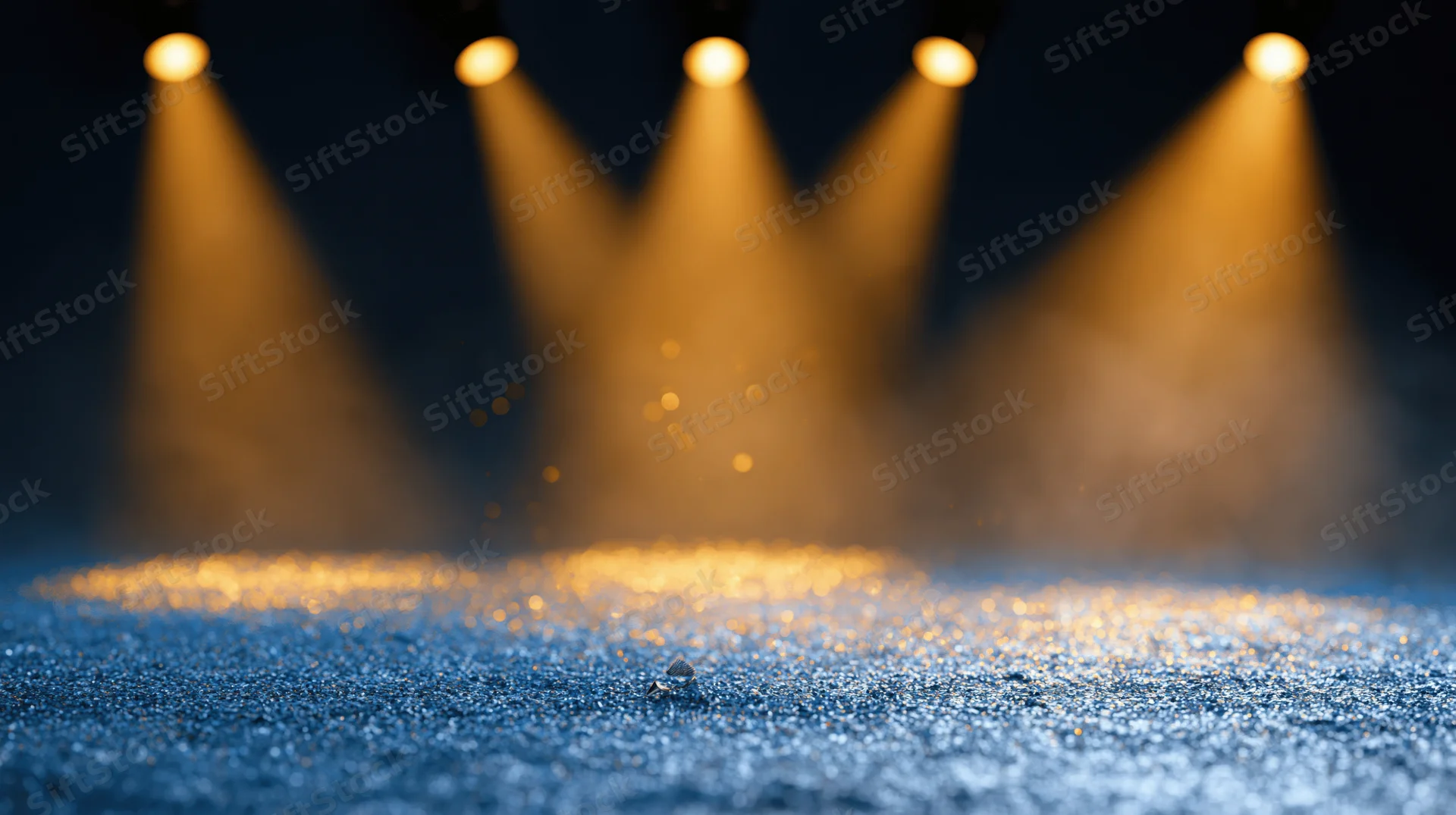 Stage floor covered in blue glitter under warm spotlights