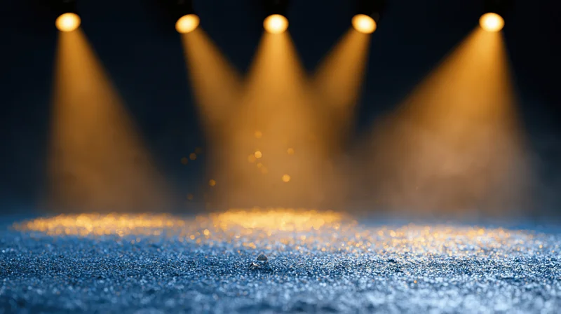 Stage floor covered in blue glitter under warm spotlights