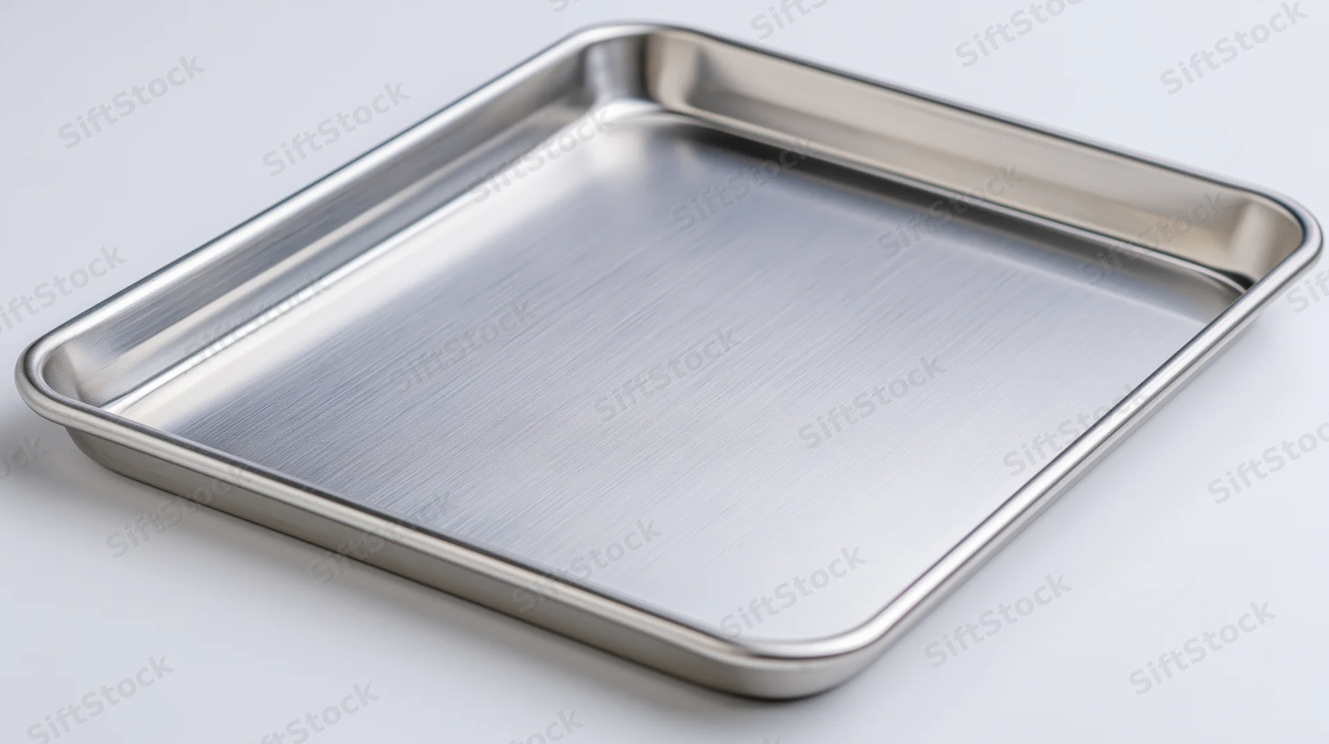 Empty stainless steel baking sheet on plain white background