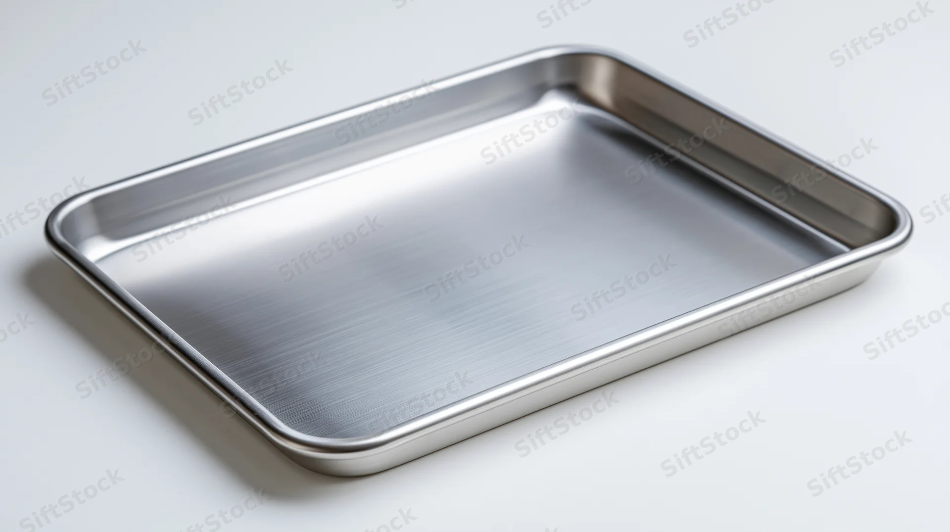 Empty stainless steel baking tray on white background