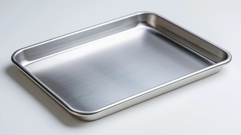 Empty stainless steel baking tray on white background