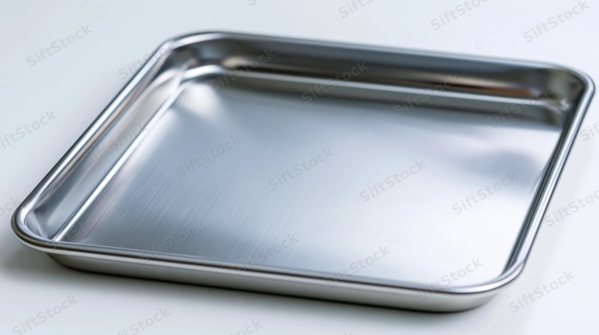 Empty stainless steel baking tray on white surface