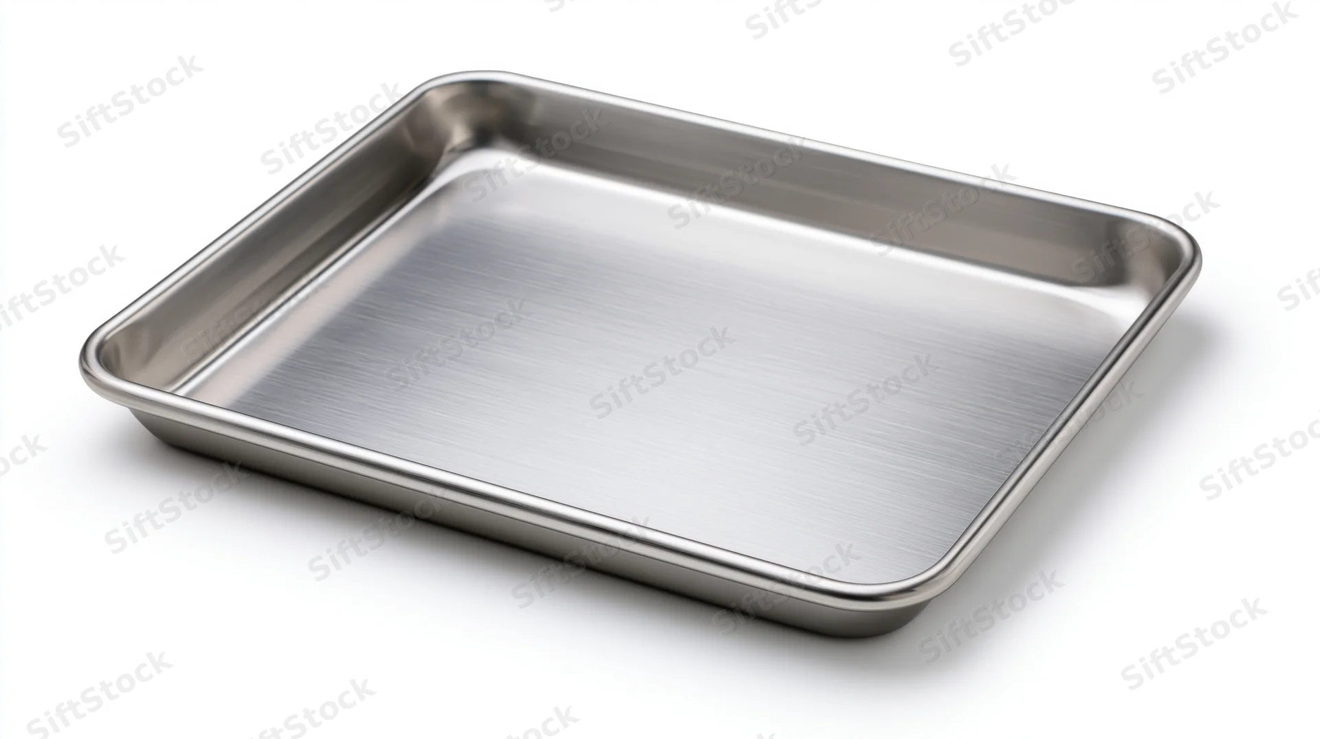 Empty stainless steel baking tray on white background