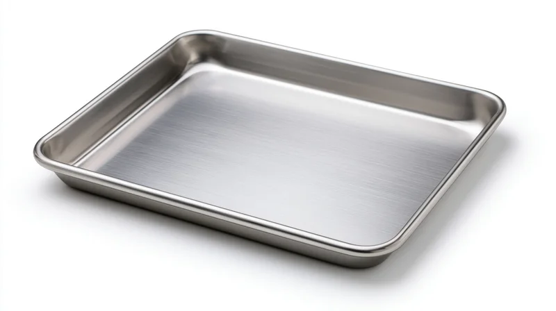 Empty stainless steel baking tray on white background