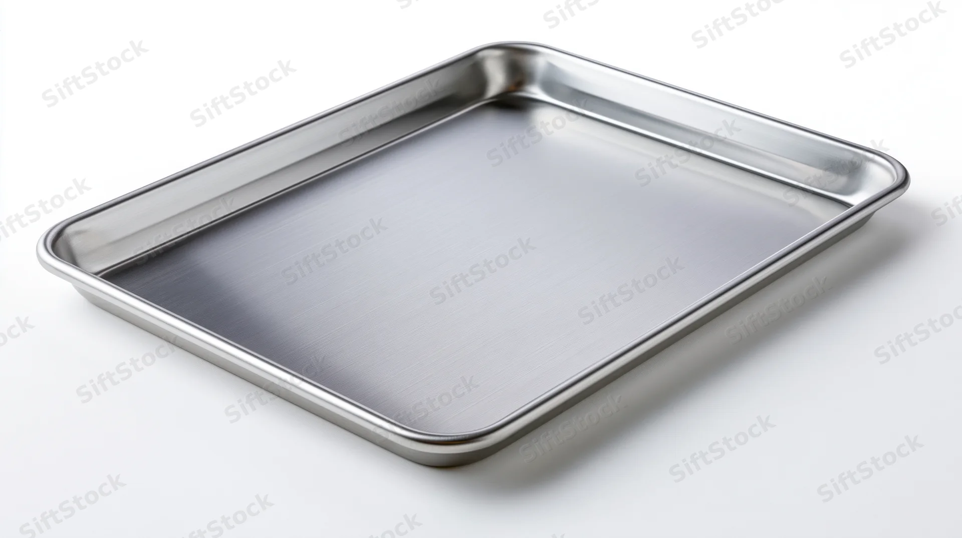 Empty stainless steel baking tray on white background