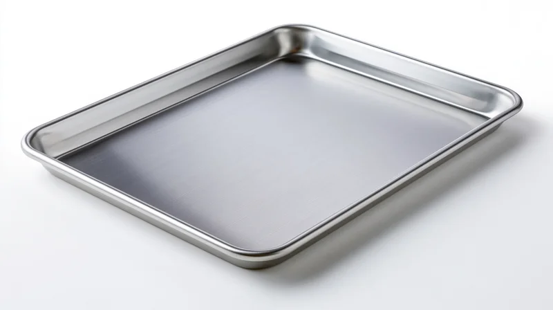 Empty stainless steel baking tray on white background