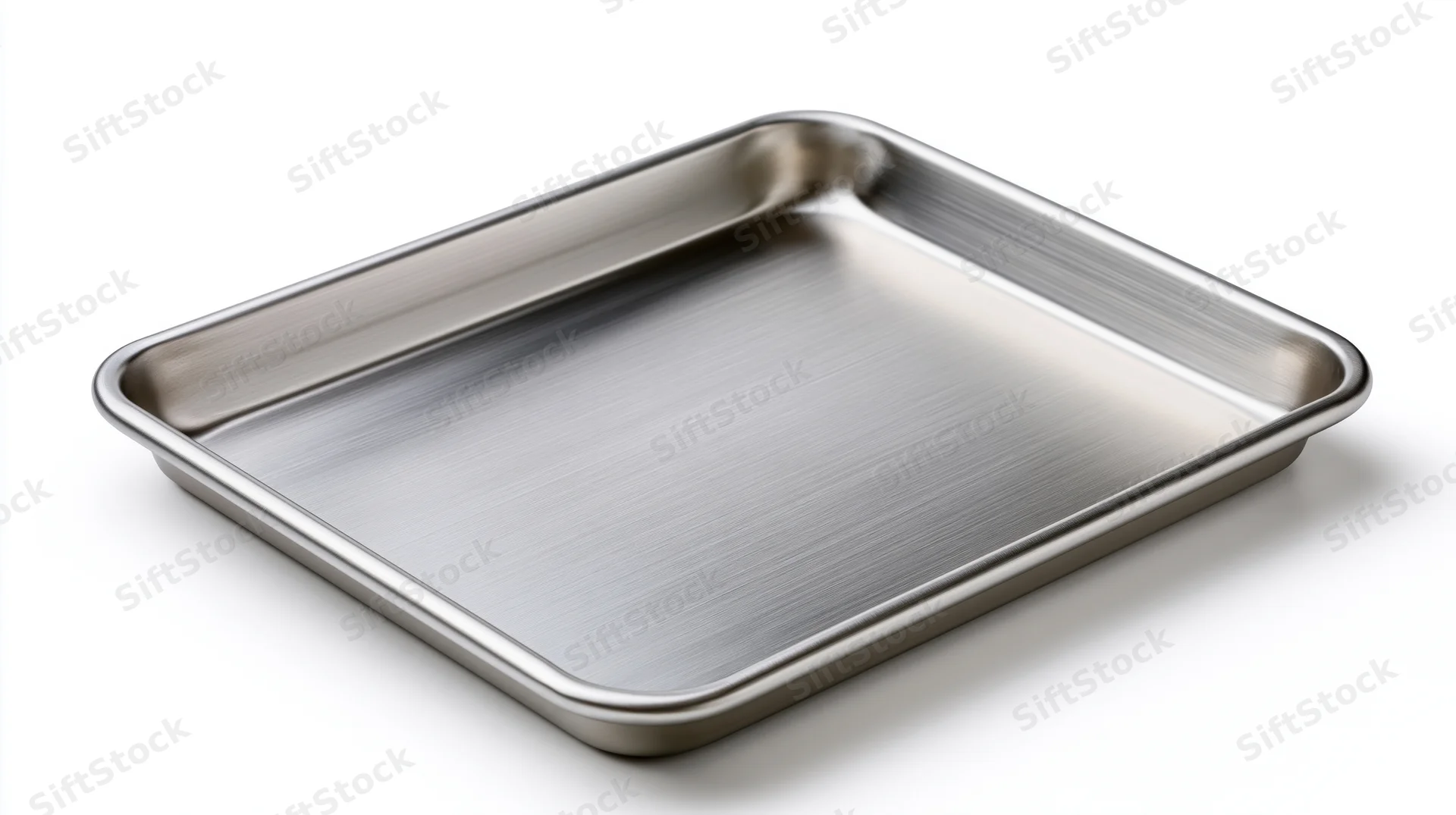 Stainless steel baking tray with brushed finish on white background