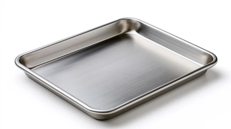 Stainless steel baking tray with brushed finish on white background