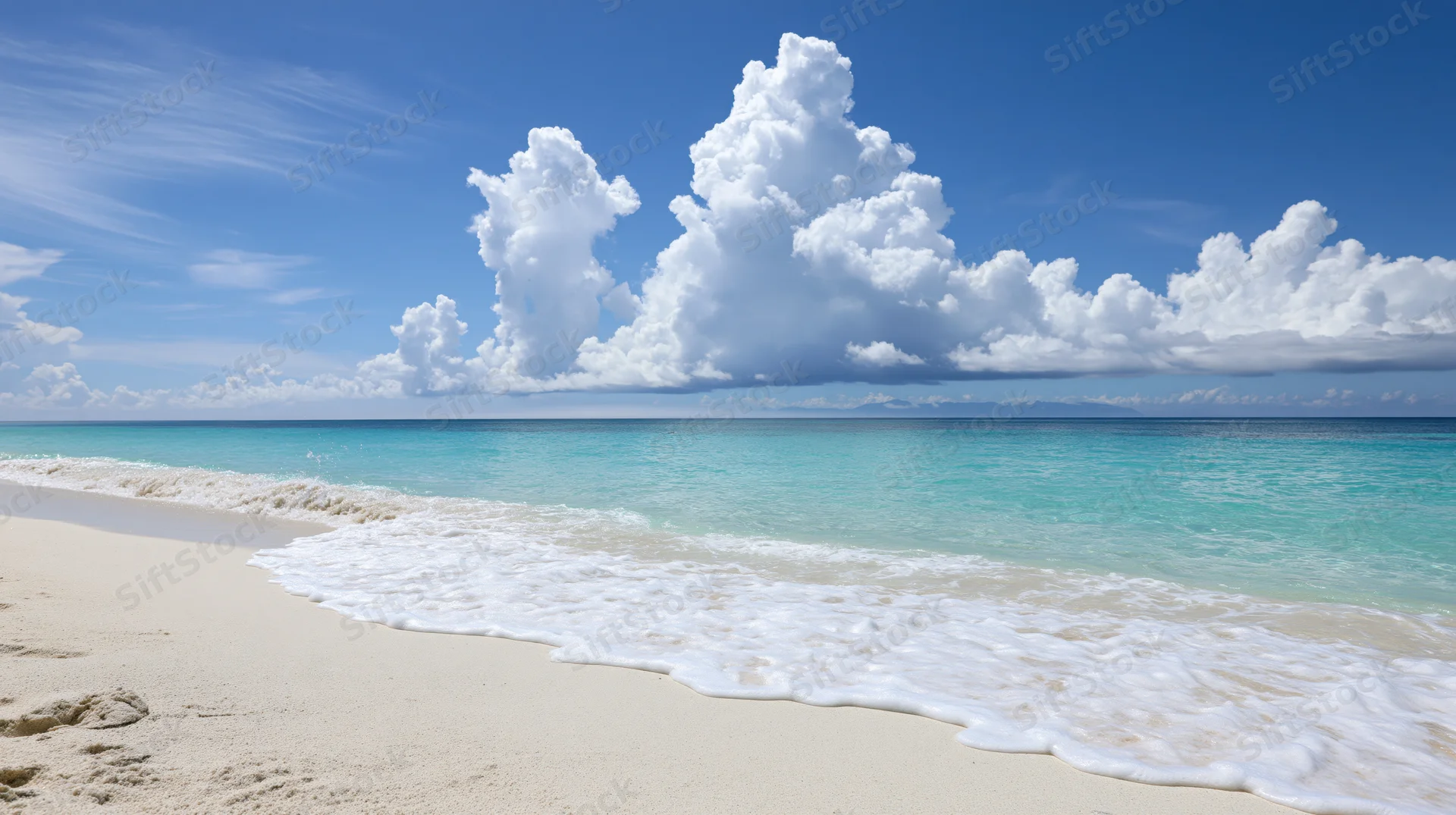 Calm turquoise waves gently rolling onto a white sandy beach under a bright blue sky with fluffy clouds