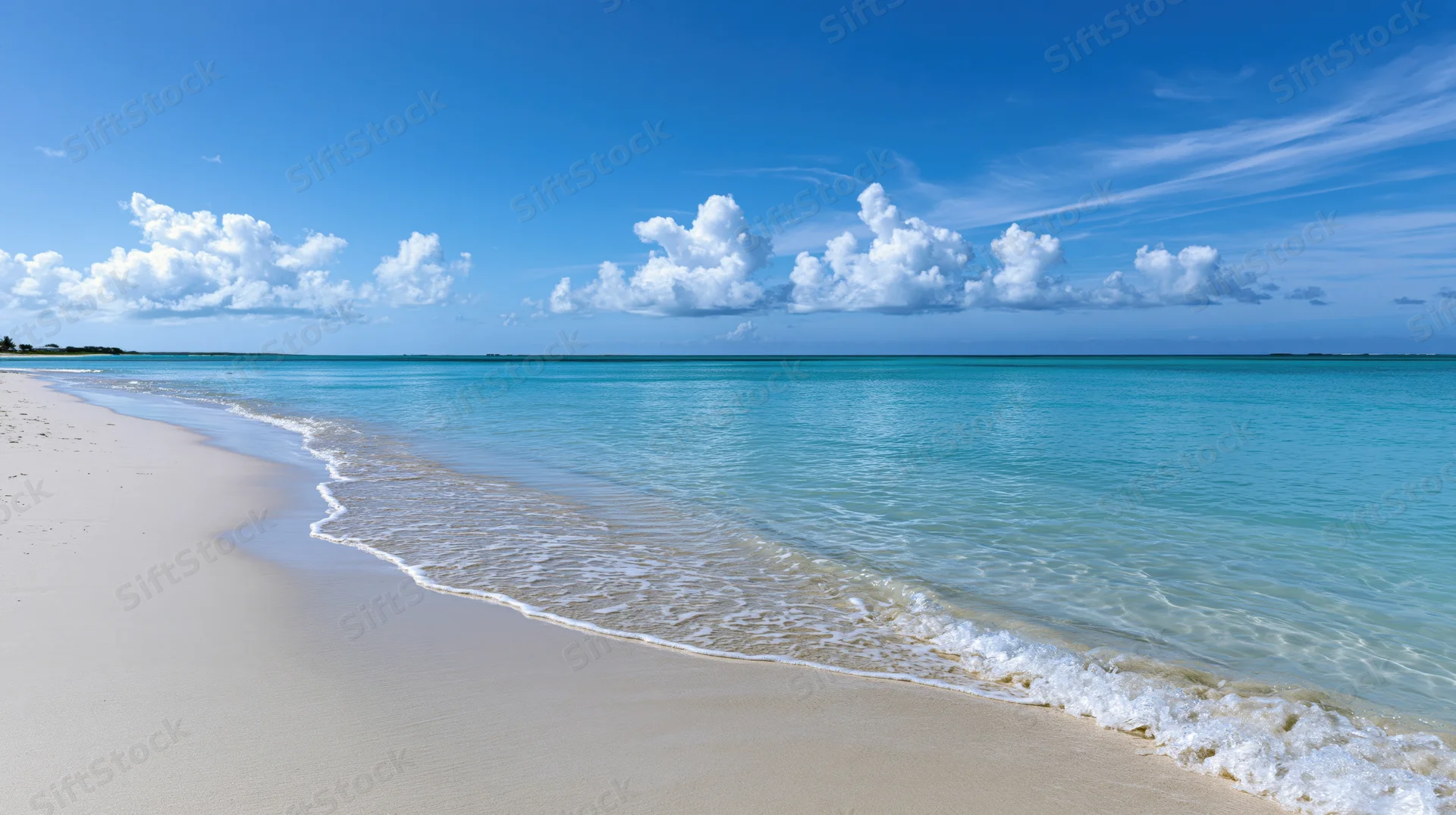 Calm turquoise water lapping onto white sand beach under blue sky with clouds