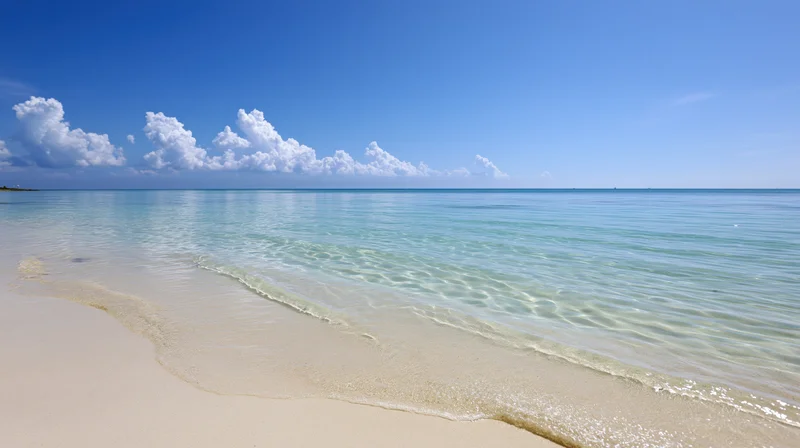Calm turquoise water lapping onto white sand beach under blue sky with clouds