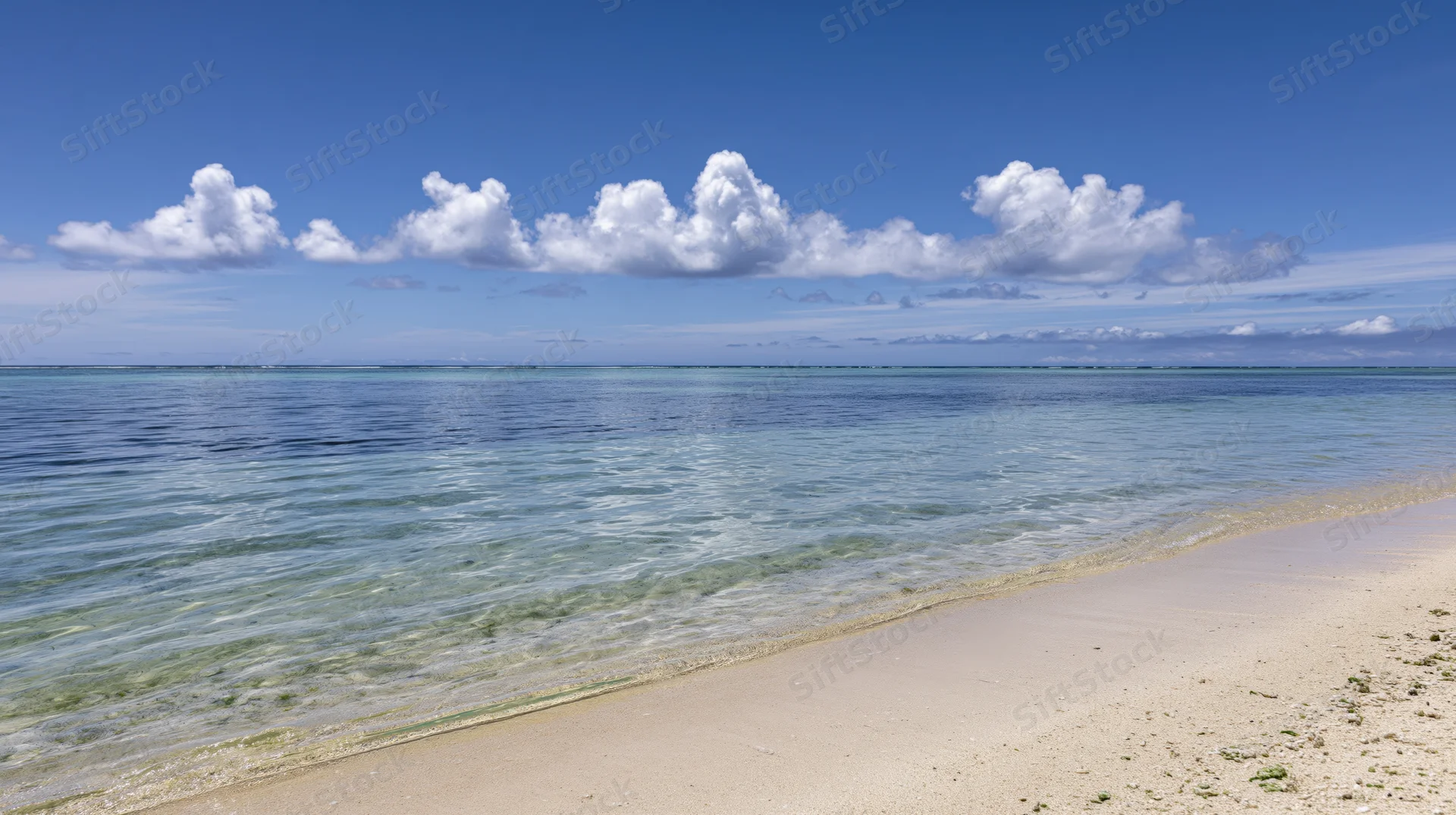 Calm turquoise water lapping onto a sandy tropical beach under a blue sky with scattered clouds