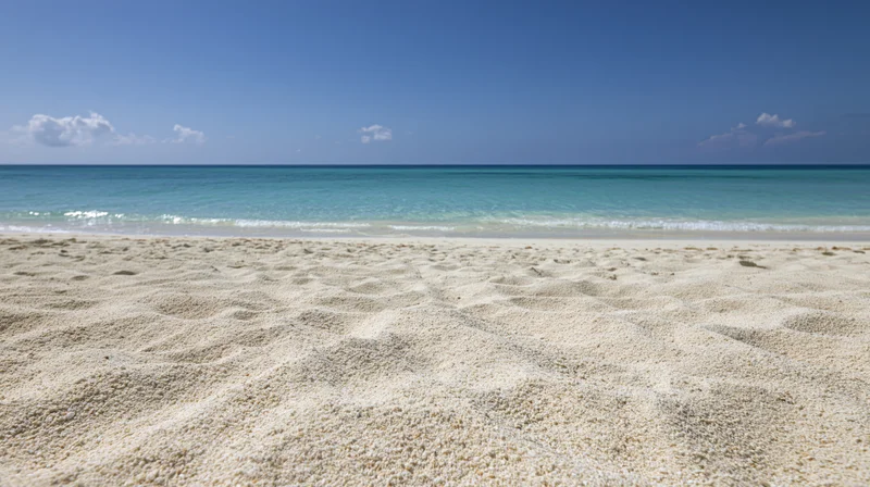 Empty tropical beach with fine white sand in foreground and turquoise ocean under clear blue sky