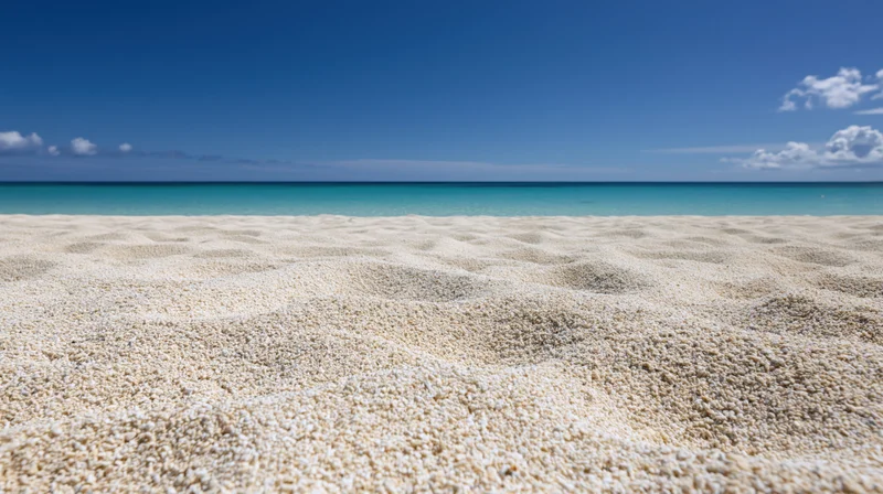 Close-up of fine white sand on a tropical beach with turquoise ocean and blue sky in the background