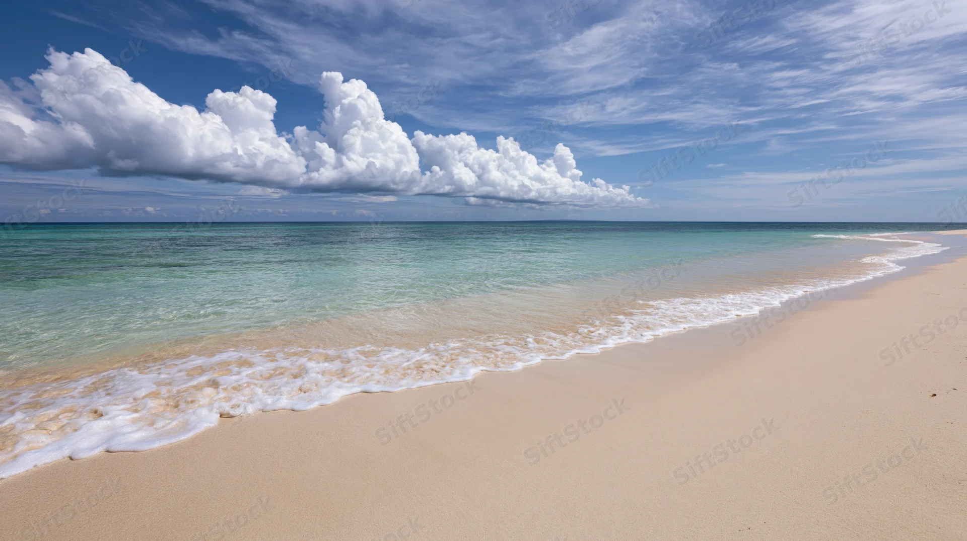 Calm ocean waves rolling onto a flat pale sandy beach under a blue sky with white clouds
