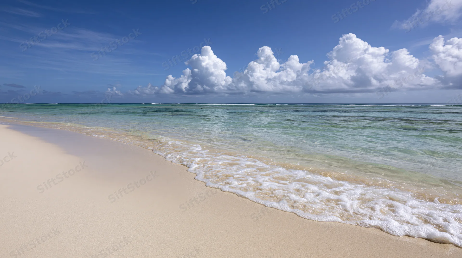Calm turquoise ocean waves meeting pale sand on a tropical beach under blue sky with white clouds