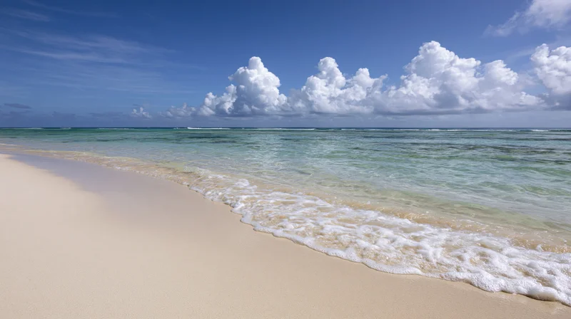 Calm turquoise ocean waves meeting pale sand on a tropical beach under blue sky with white clouds