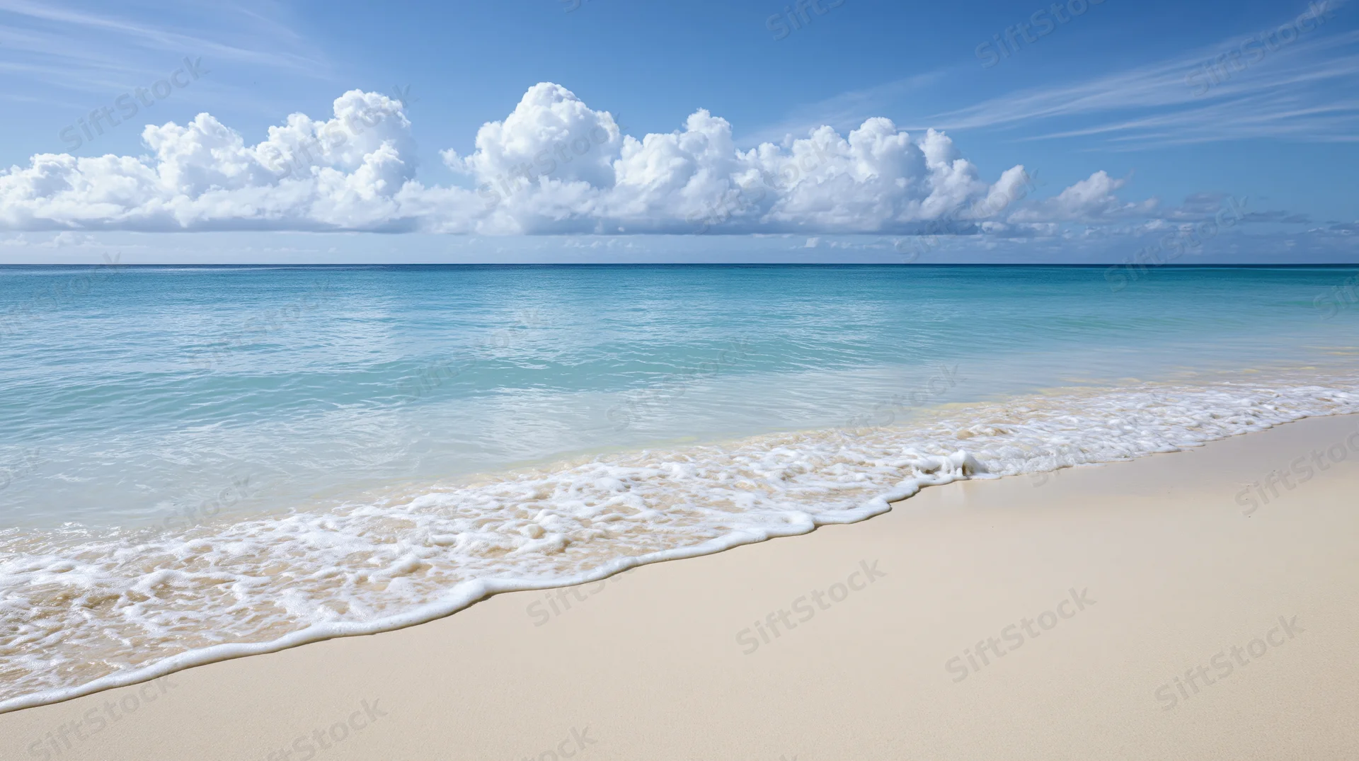 Calm ocean waves meeting pale sand on a tropical beach under a blue sky with white clouds