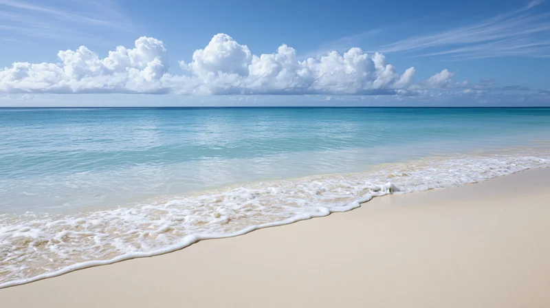 Calm ocean waves meeting pale sand on a tropical beach under a blue sky with white clouds
