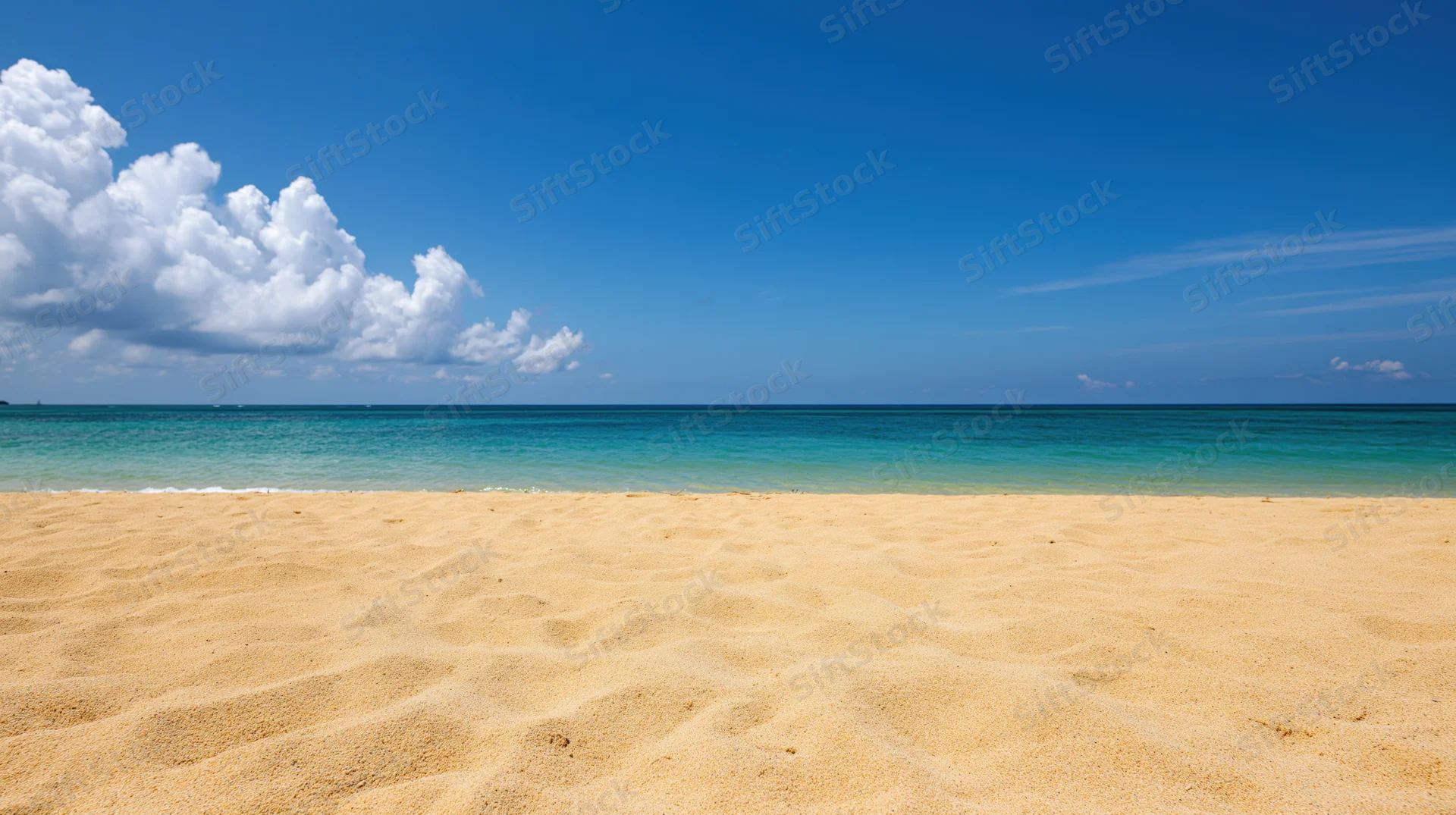 Empty tropical beach with fine golden sand and turquoise ocean under a clear blue sky with scattered clouds