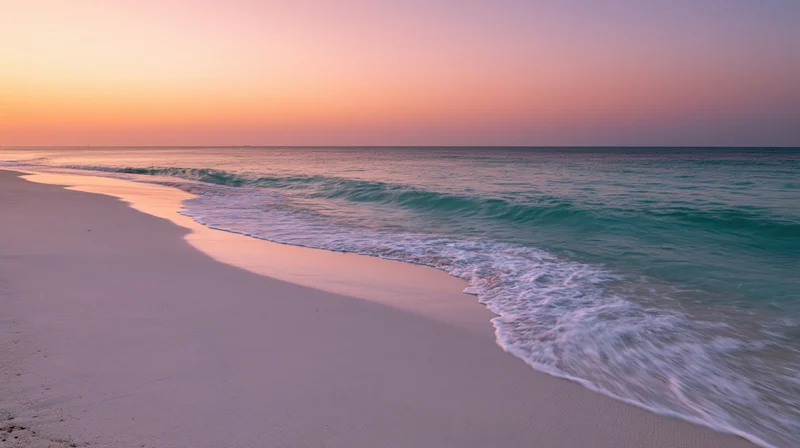Calm waves rolling onto white sand beach at sunset with turquoise water and pastel sky
