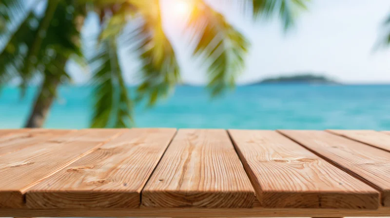 Wooden table surface in foreground with blurred tropical beach and ocean in background