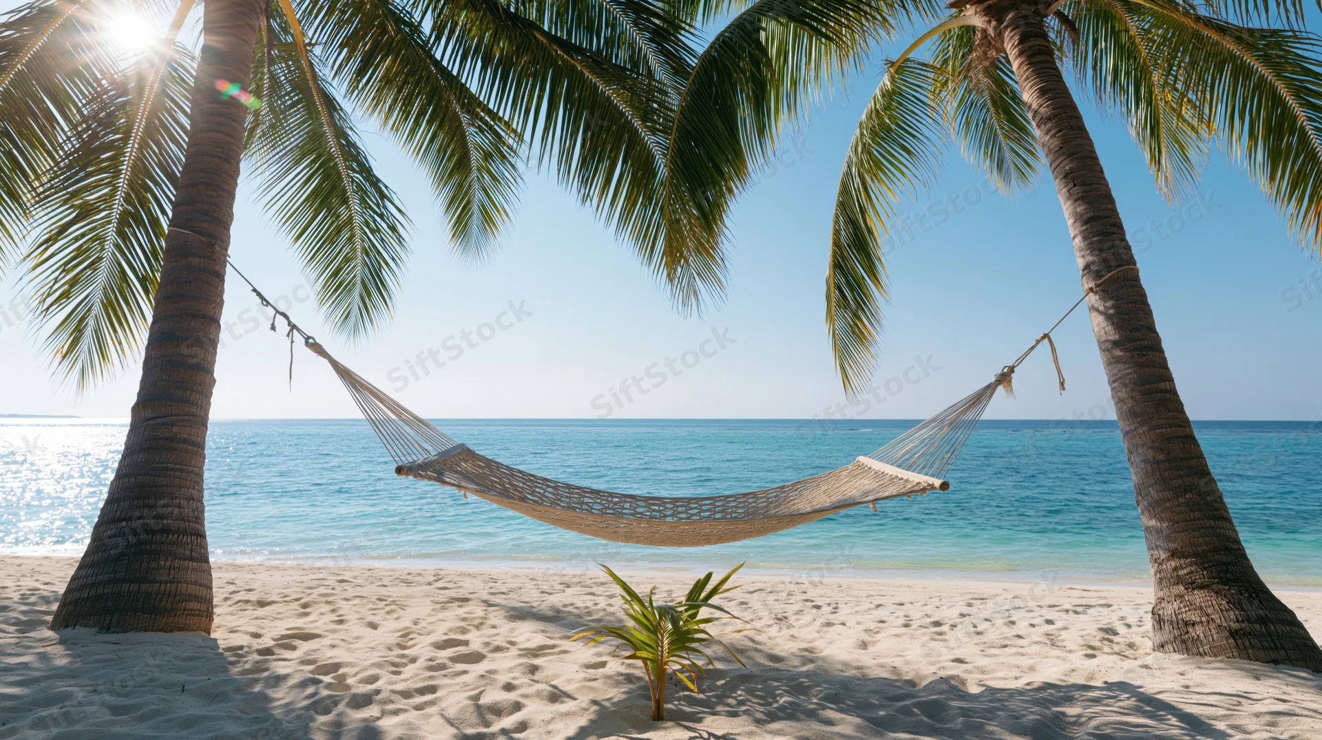 Woven hammock strung between two coconut palm trees on a sandy beach overlooking the ocean