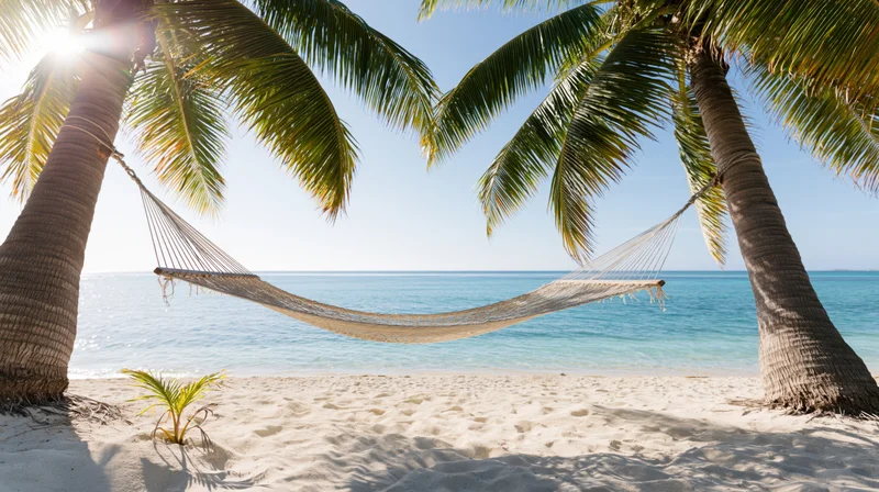 Woven hammock strung between two coconut palm trees on a sandy beach overlooking the ocean