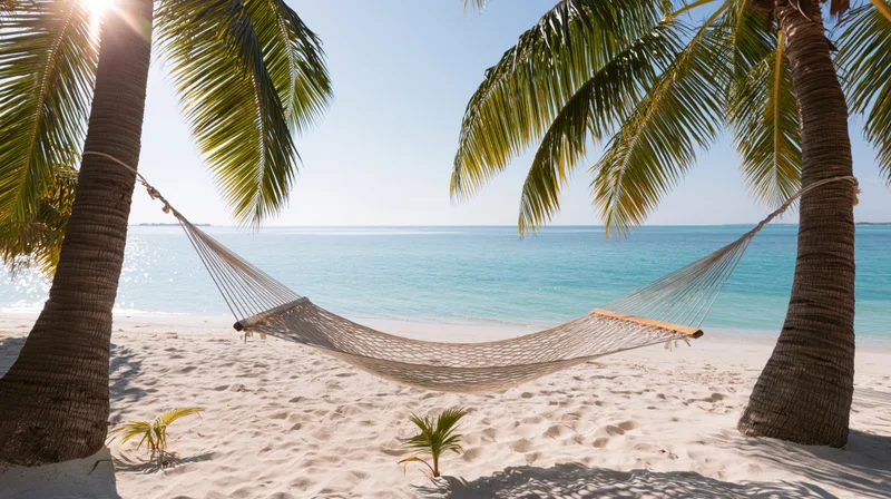 Woven hammock strung between two coconut palm trees on a sandy beach overlooking the ocean