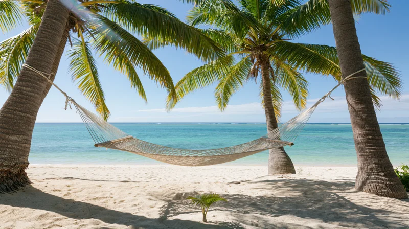 Woven hammock strung between two coconut palm trees on a sandy beach overlooking turquoise ocean