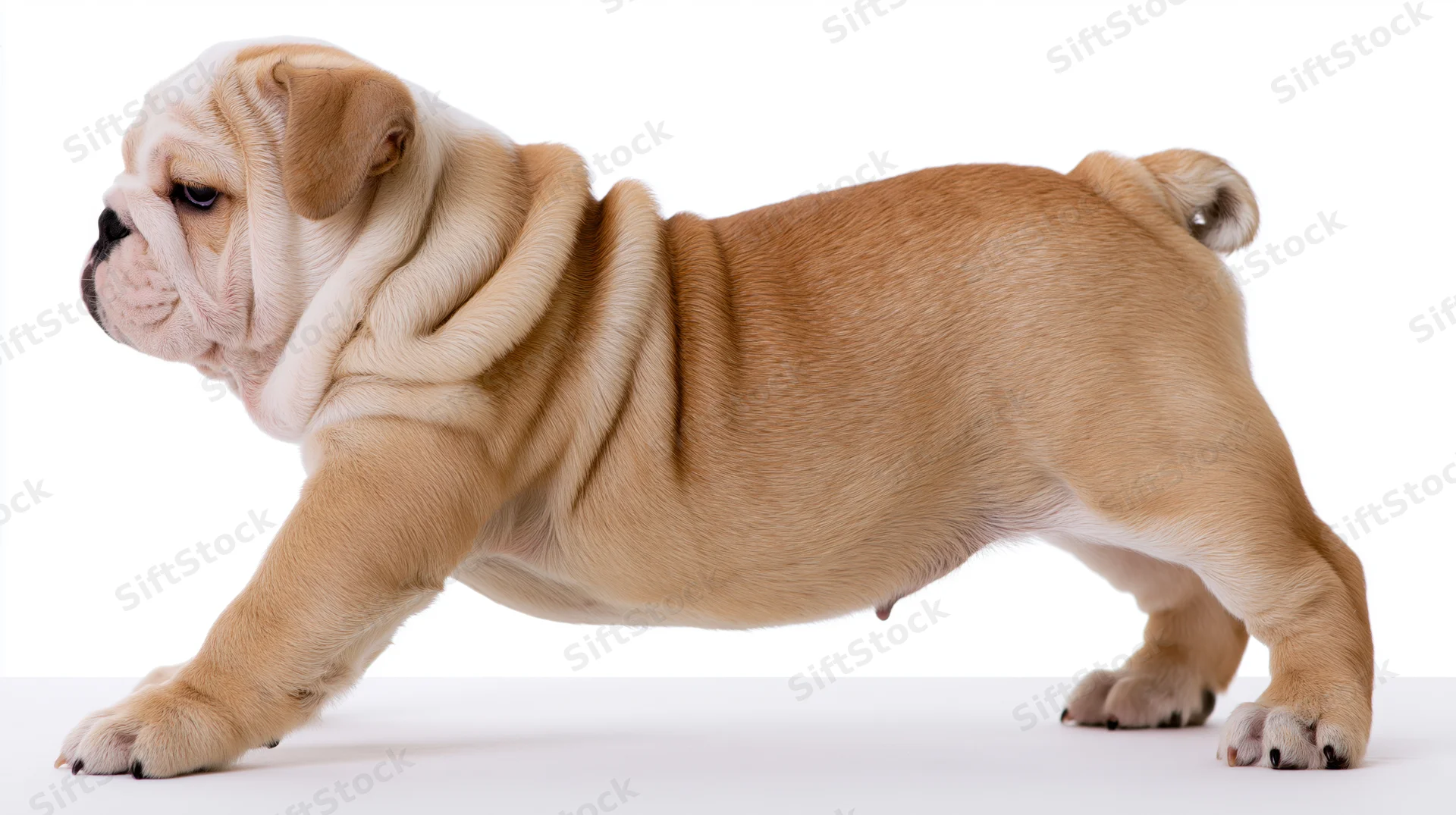 Englishbulldog puppy in play-bow stretch with front legs lowered on white background