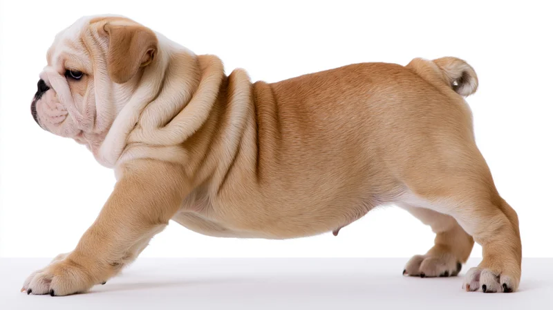 Englishbulldog puppy in play-bow stretch with front legs lowered on white background