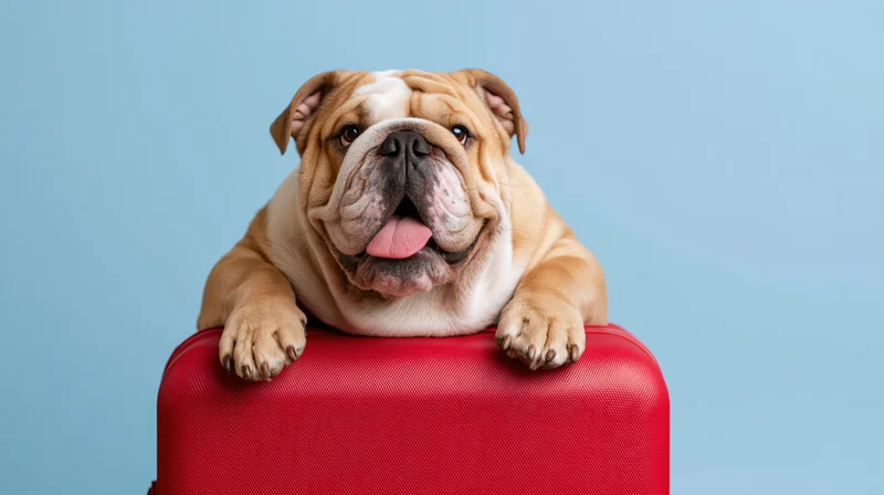 English bulldog resting with front paws on red suitcase against blue background
