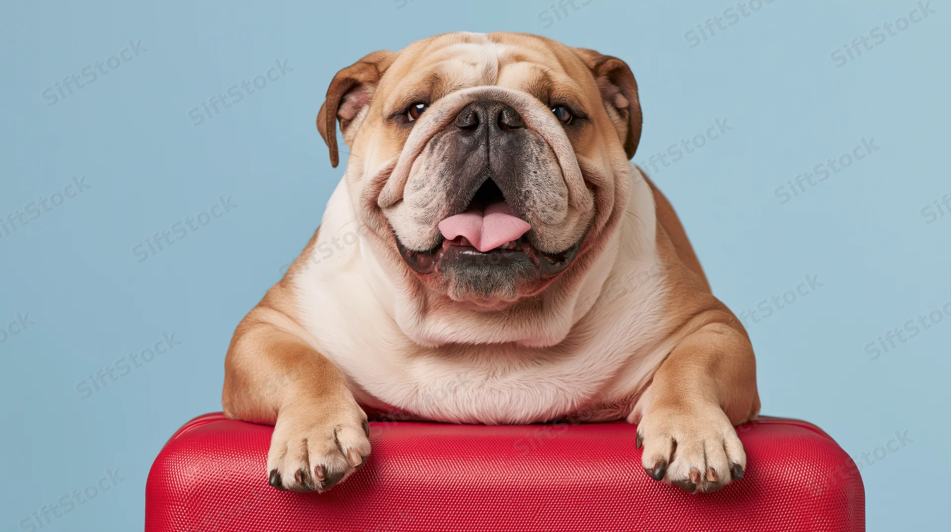 English bulldog resting front paws on red suitcase against blue background