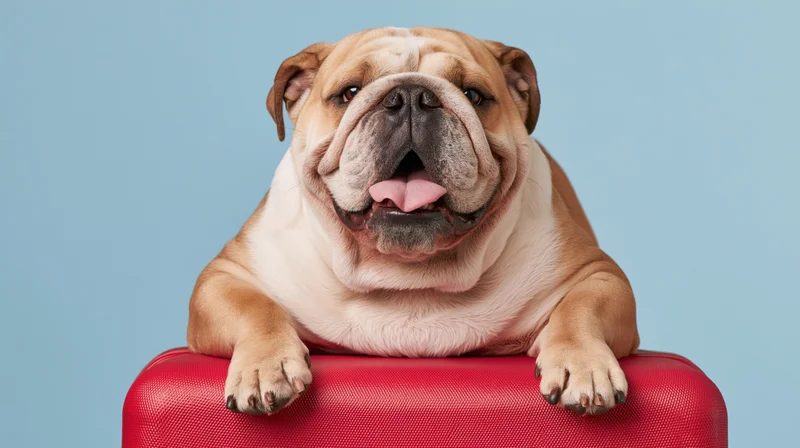 English bulldog resting front paws on red suitcase against blue background