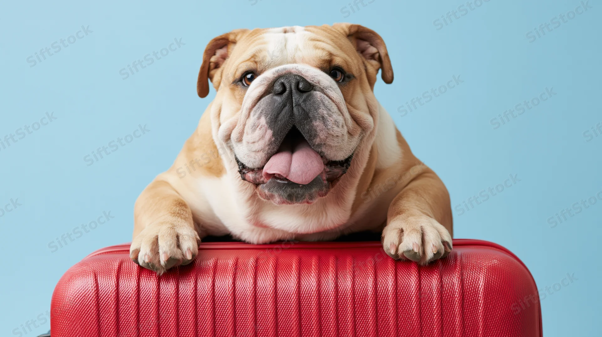 English bulldog resting its front paws on top of a red suitcase against a blue background
