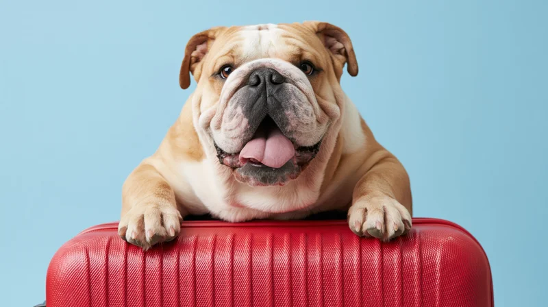 English bulldog resting its front paws on top of a red suitcase against a blue background