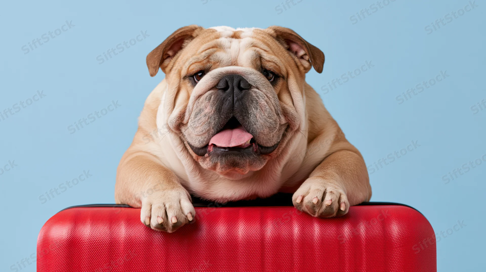 English bulldog resting its front paws on top of a red suitcase against a blue background