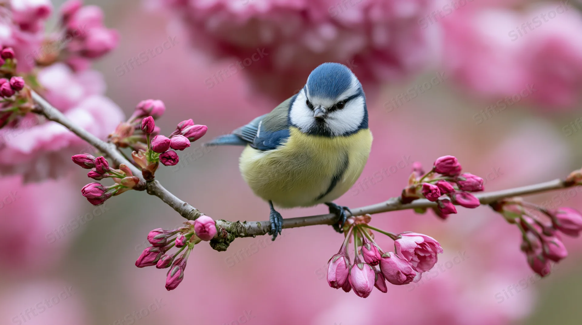 Eurasian blue tit perched on a flowering cherry branch in spring