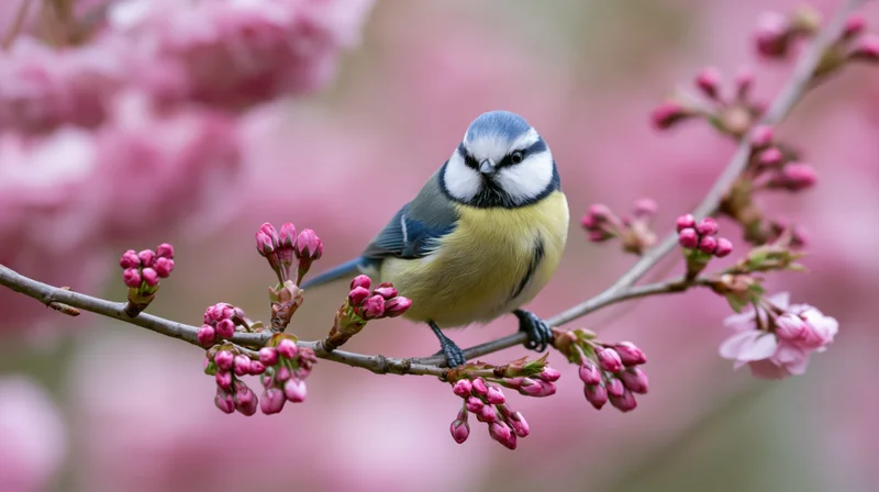 Eurasian blue tit perched on a flowering cherry branch in spring garden