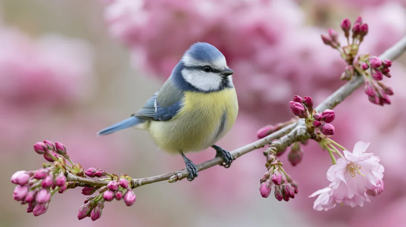Eurasian blue tit perched on a flowering cherry branch in spring garden