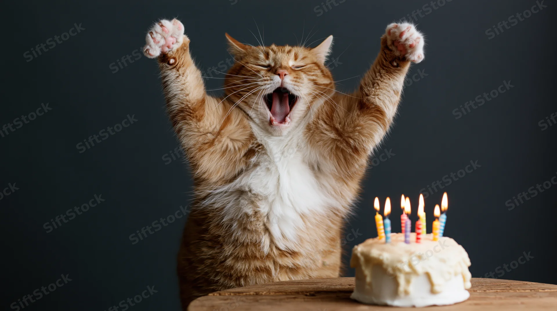 Tabby cat rearing up with paws raised beside a birthday cake with lit candles on a wooden table