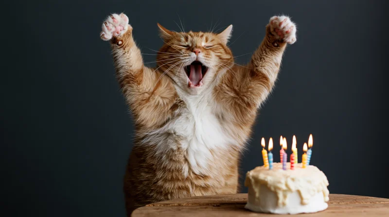 Tabby cat rearing up with paws raised beside a birthday cake with lit candles on a wooden table