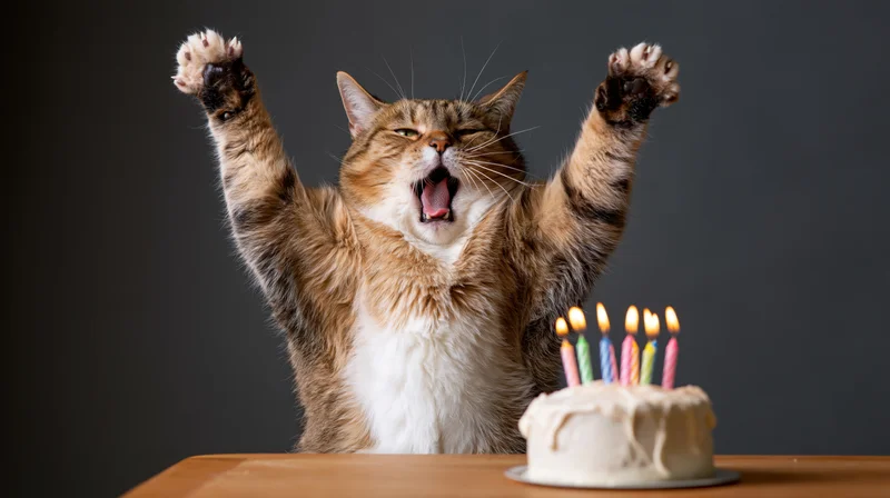 Tabby cat rearing up with paws raised beside a birthday cake with lit candles on a wooden table