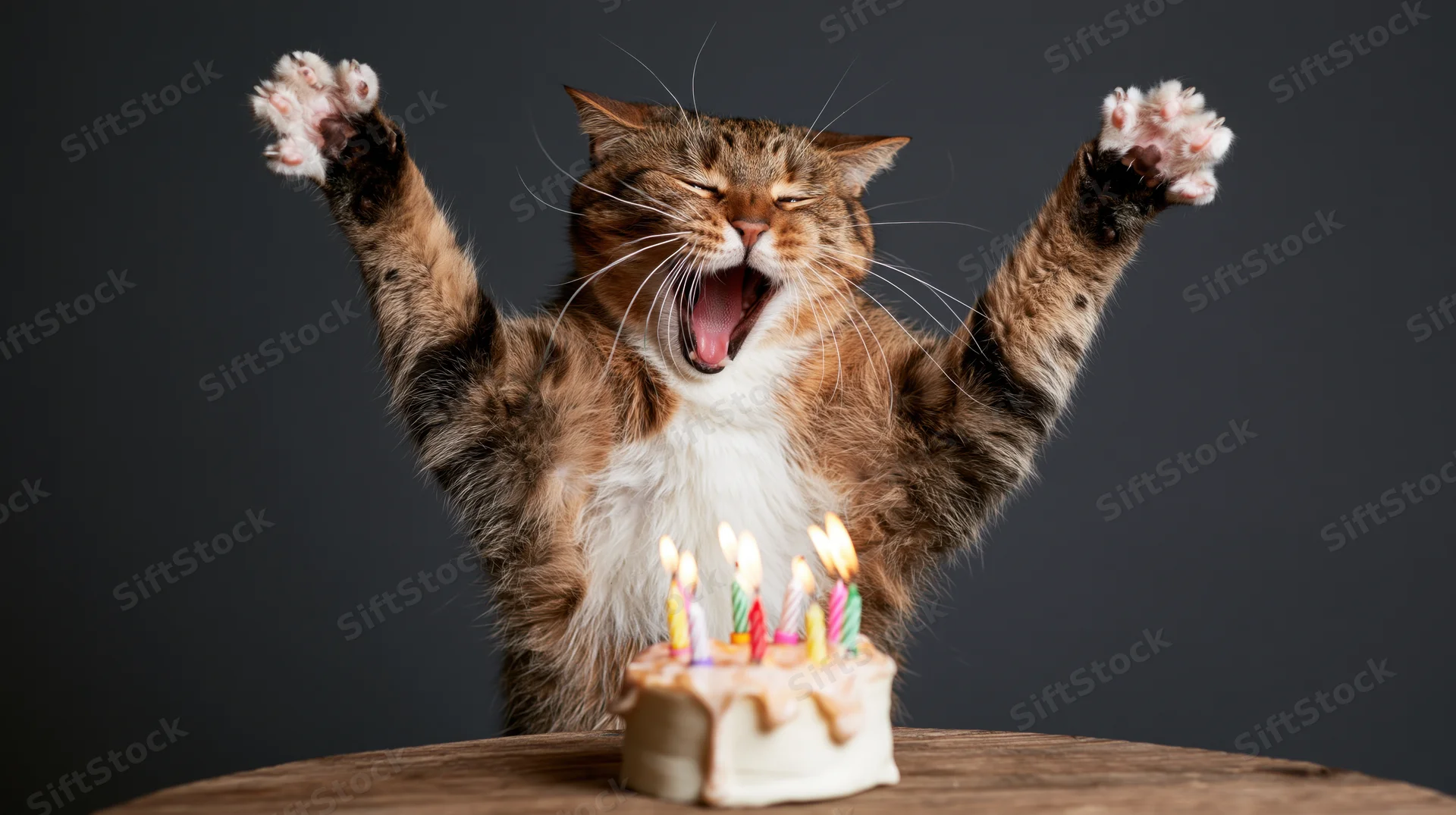 Tabby cat rearing up with paws raised in front of birthday cake with lit candles on wooden table