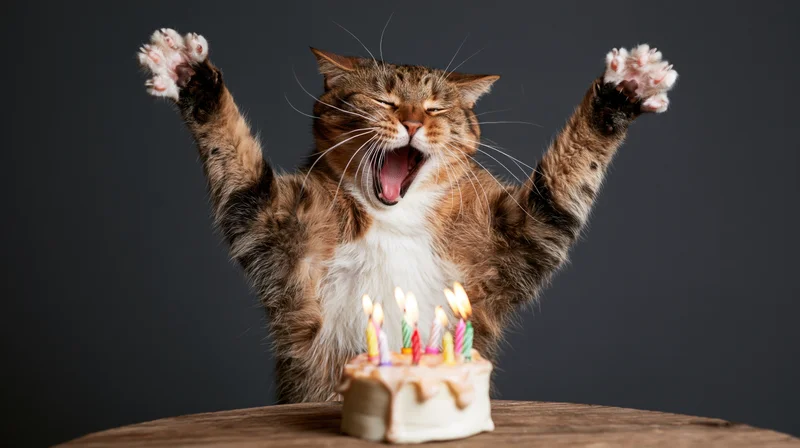 Tabby cat rearing up with paws raised in front of birthday cake with lit candles on wooden table