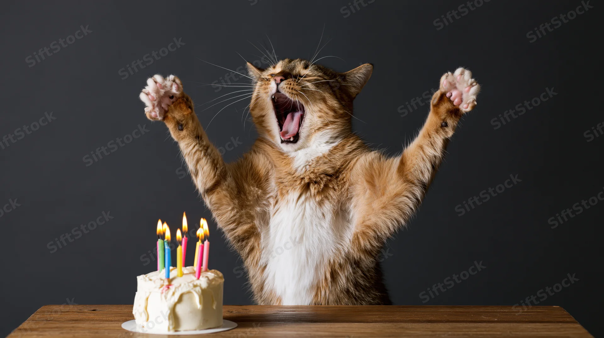 Tabby cat rearing up with paws raised beside a birthday cake with lit candles on a wooden table