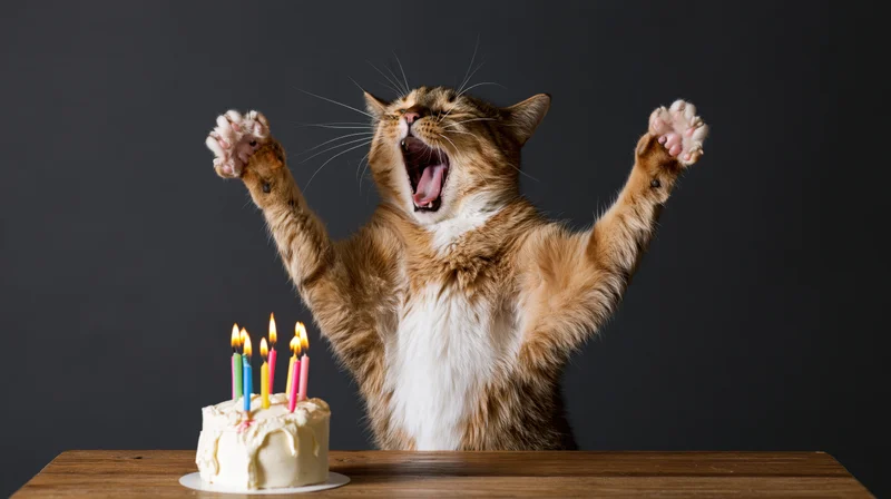 Tabby cat rearing up with paws raised beside a birthday cake with lit candles on a wooden table