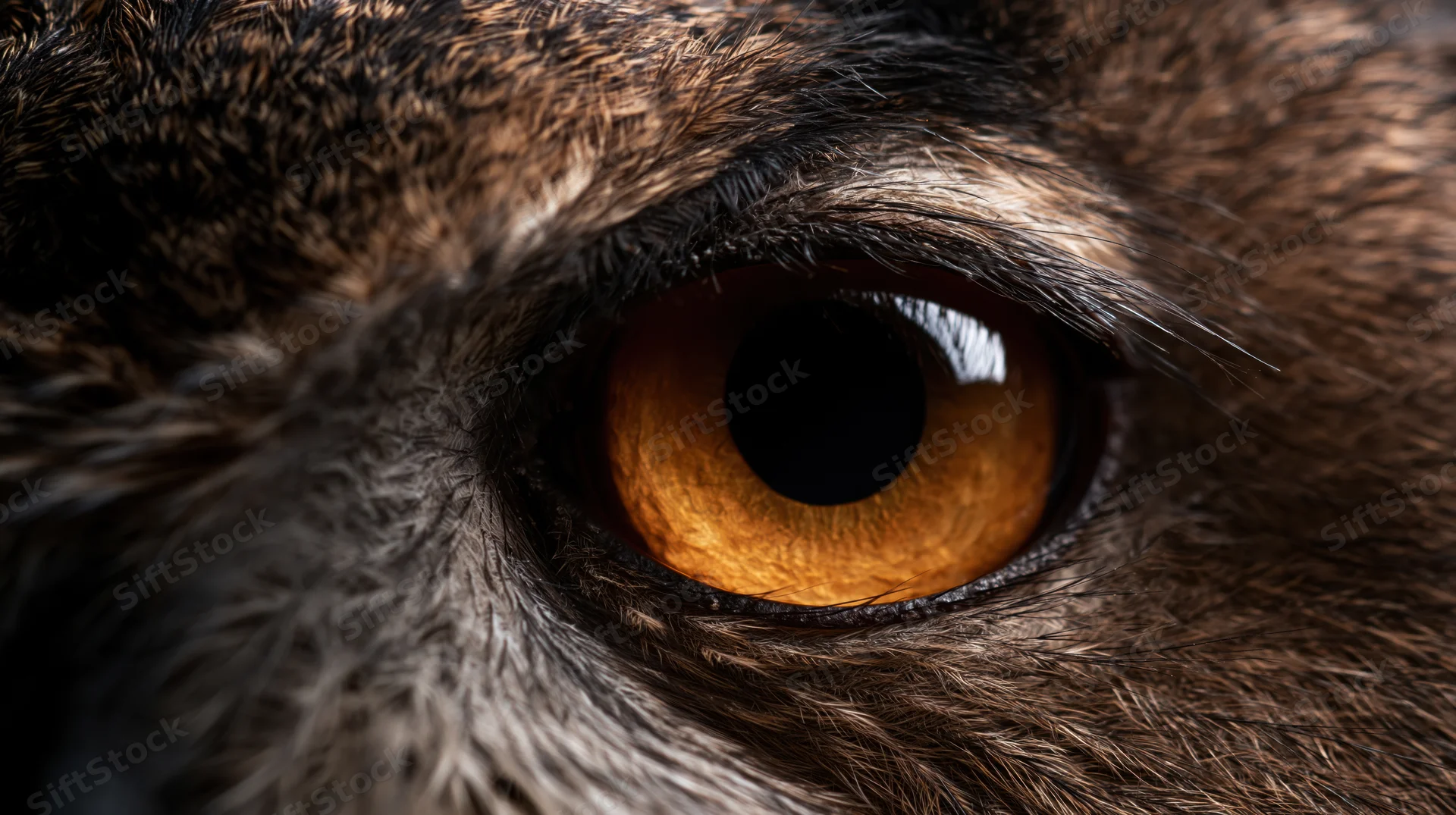 Extreme close-up of an owl's eye showing detailed feathers and amber iris