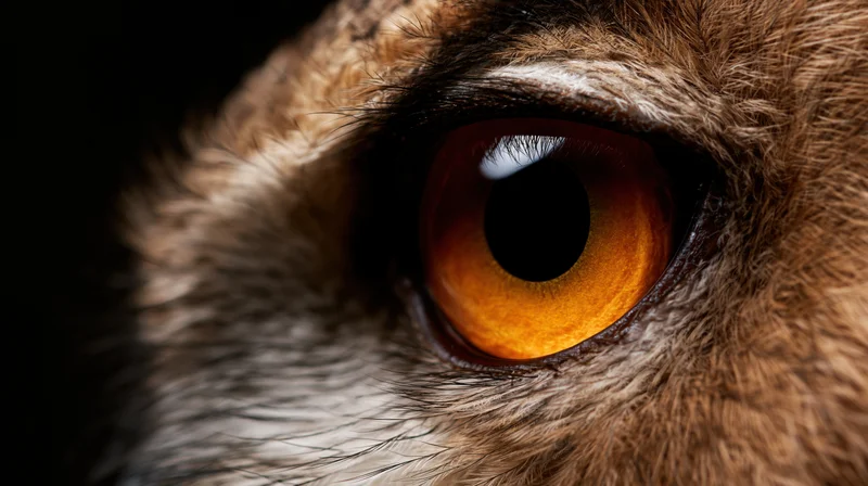 Extreme closeup of an owl's eye with intense orange iris and dark pupil surrounded by detailed brown fur and feathers